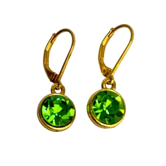 Green Rhinestone Crystal Earrings Gold Tone Drop Festive Spring Summer Dainty - Picture 1 of 5